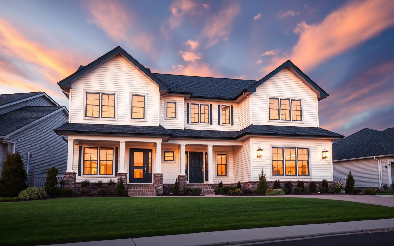Newly built modern home exterior with white siding and dark trim